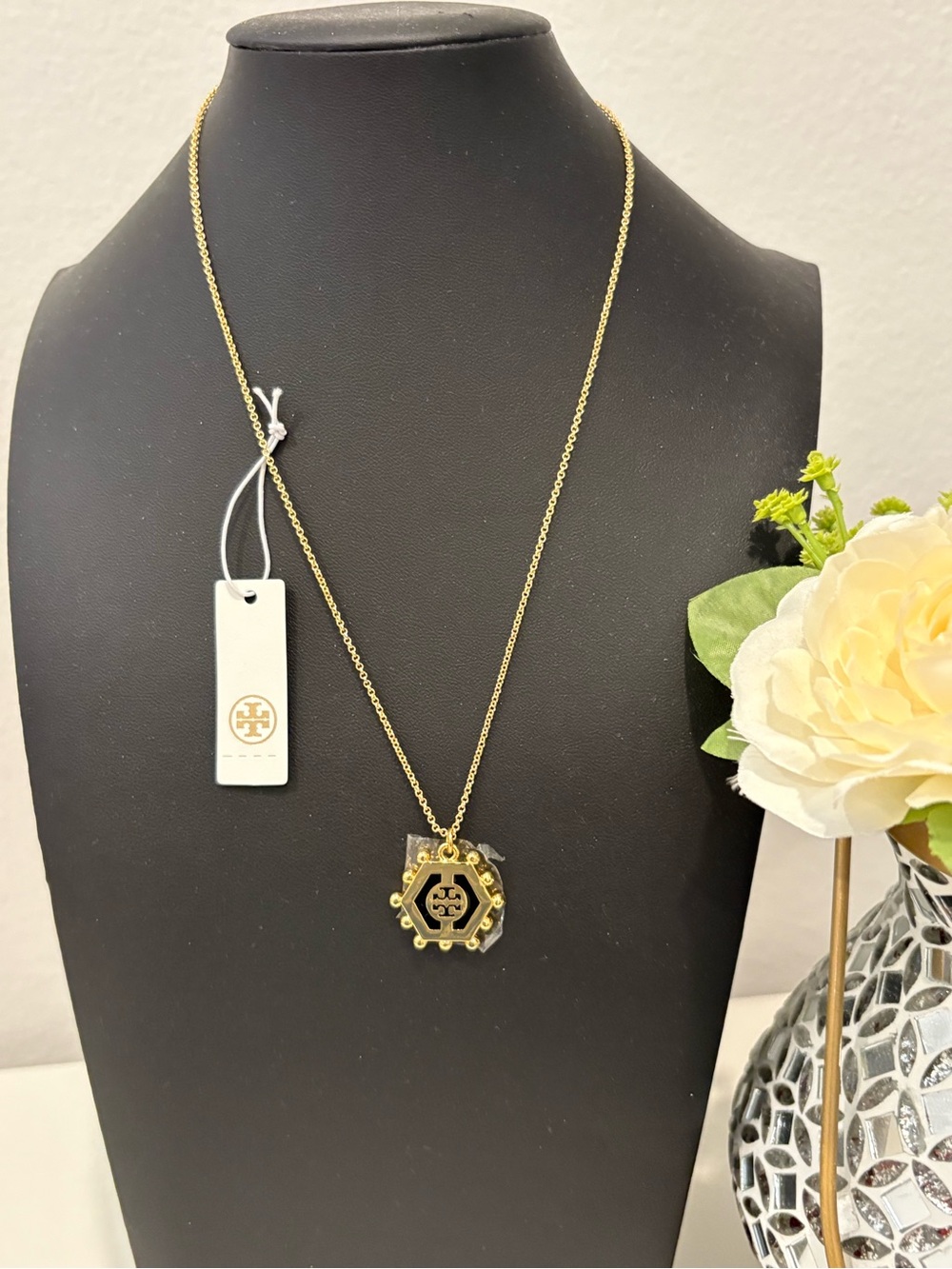Tory Burch Gold with Blue Hexagon Logo Pendant Necklace
